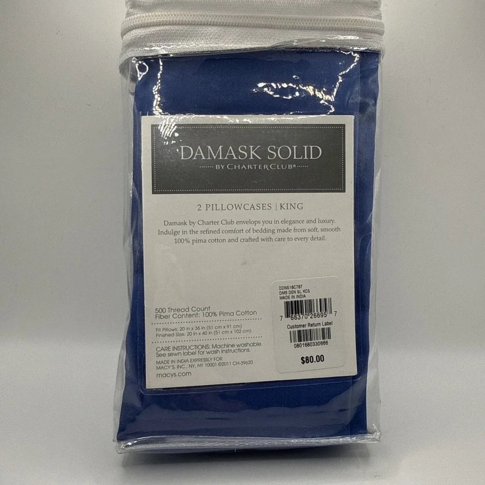 New Charter Club Damask Solid 2 Pillowcases King 500 TC Pima Cotton BLUE